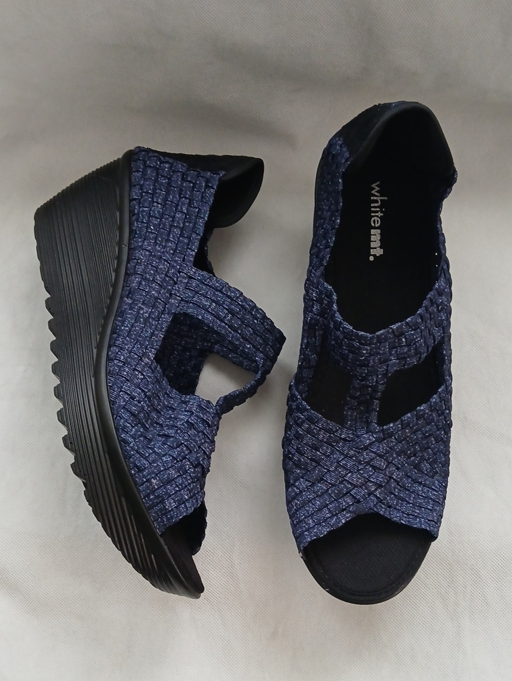 White Mountain Womens 10W Everly Blue T-Strap Wedge Sandals Woven Slip-on Shoe